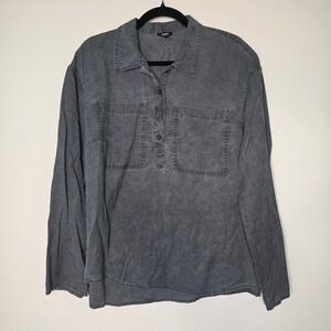 Express Henley Top Women M Grey Chambrey Long Sleeve Lyocell Pocket Casual Shirt